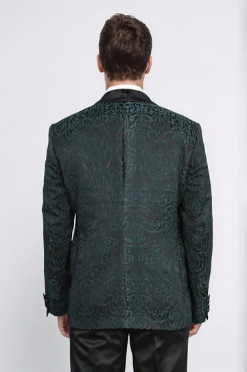 Baroque Patterned Velvet Shawl Collar Vested Green Tuxedo - Wessi