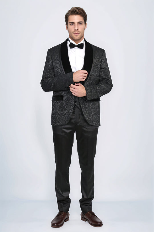 Baroque Patterned Velvet Shawl Collar Vest With Black Tuxedo- Wessi