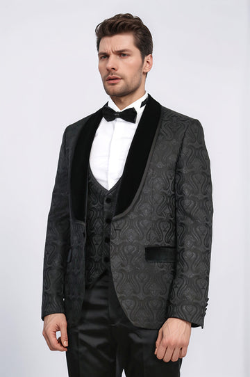 Baroque Patterned Velvet Shawl Collar Vested Glittery Black Tuxedo - Wessi