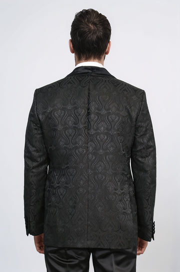 Baroque Patterned Velvet Shawl Collar Vested Glittery Black Tuxedo - Wessi