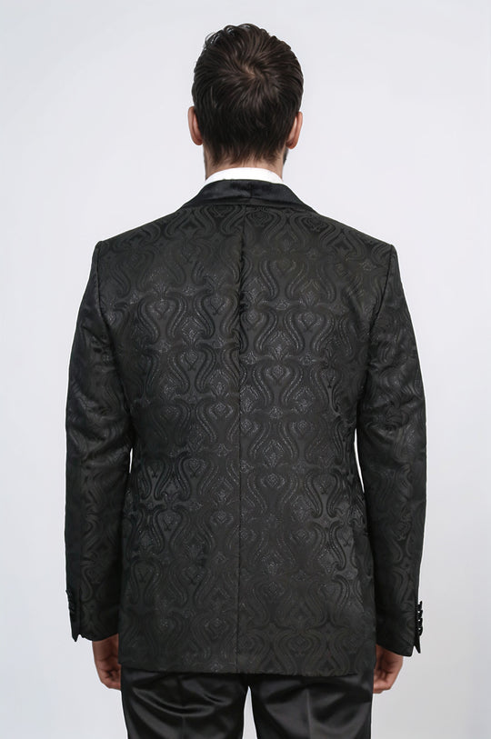 Baroque Patterned Velvet Shawl Collar Vested Glittery Black Tuxedo - Wessi