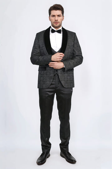 Baroque Patterned Velvet Shawl Collar Vested Glittery Black Tuxedo - Wessi