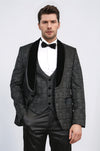 Baroque Patterned Velvet Shawl Collar Vested Glittery Black Tuxedo - Wessi