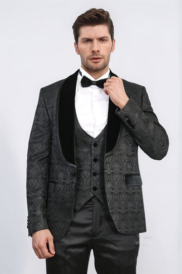 Baroque Patterned Velvet Shawl Collar Vested Glittery Black Tuxedo - Wessi