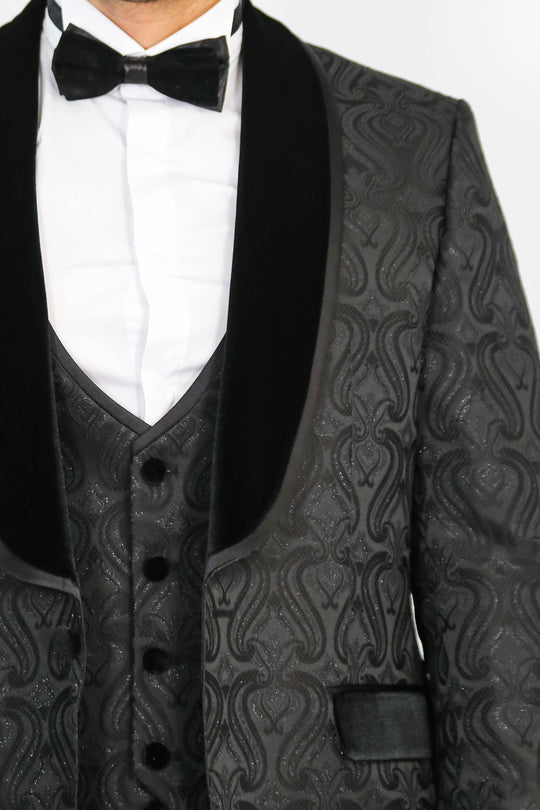 Baroque Patterned Velvet Shawl Collar Vested Glittery Black Tuxedo - Wessi