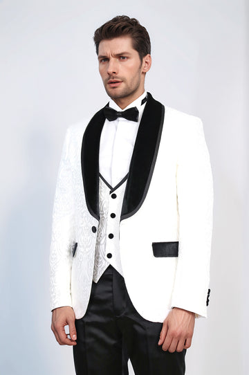 Baroque Patterned Velvet Shawl Collar Vested White Tuxedo - Wessi