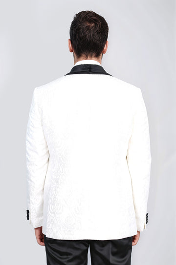 Baroque Patterned Velvet Shawl Collar Vested White Tuxedo - Wessi