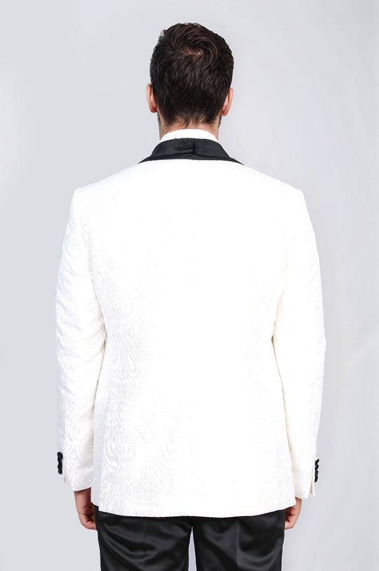 Baroque Patterned Velvet Shawl Collar Vested White Tuxedo - Wessi