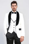 Baroque Patterned Velvet Shawl Collar Vested White Tuxedo - Wessi