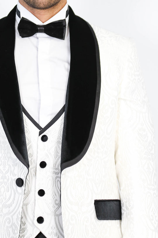 Baroque Patterned Velvet Shawl Collar Vested White Tuxedo - Wessi