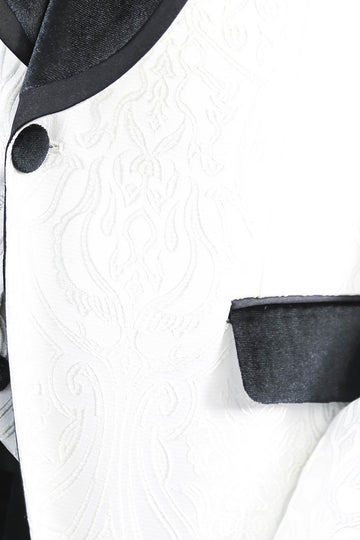 Baroque Patterned Velvet Shawl Collar Vested White Tuxedo - Wessi