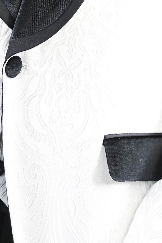 Baroque Patterned Velvet Shawl Collar Vested White Tuxedo - Wessi