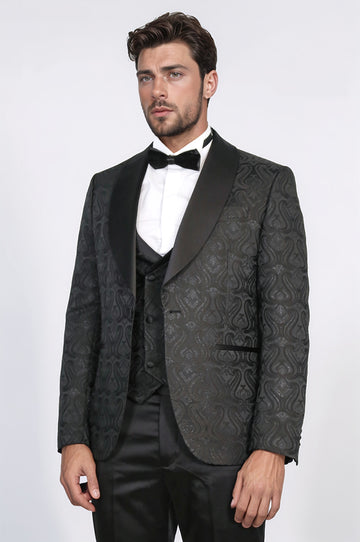 Wavy Patterned Shawl Collar Vested Black Tuxedo - Wessi