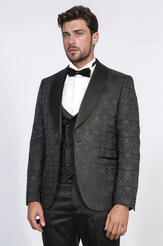 Wavy Patterned Shawl Collar Vested Black Tuxedo - Wessi