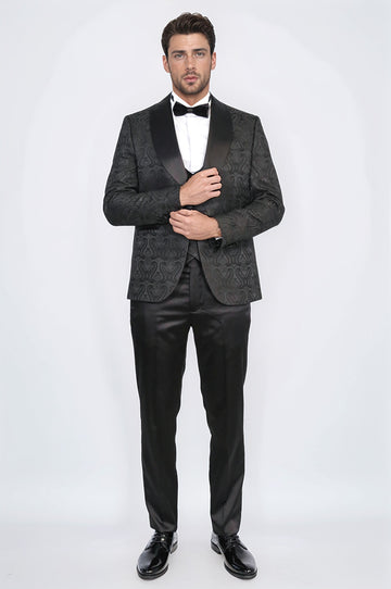 Wavy Patterned Shawl Collar Vested Black Tuxedo - Wessi