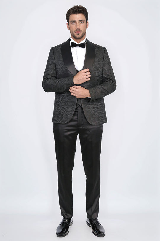 Wavy Patterned Shawl Collar Vested Black Tuxedo - Wessi