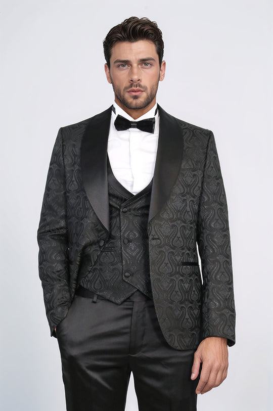 Wavy Patterned Shawl Collar Vested Black Tuxedo - Wessi