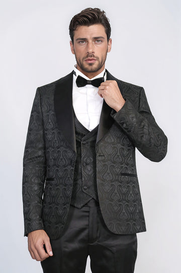 Wavy Patterned Shawl Collar Vested Black Tuxedo - Wessi