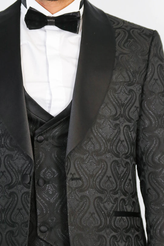 Wavy Patterned Shawl Collar Vested Black Tuxedo - Wessi