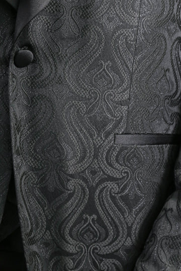 Wavy Patterned Shawl Collar Vested Black Tuxedo - Wessi