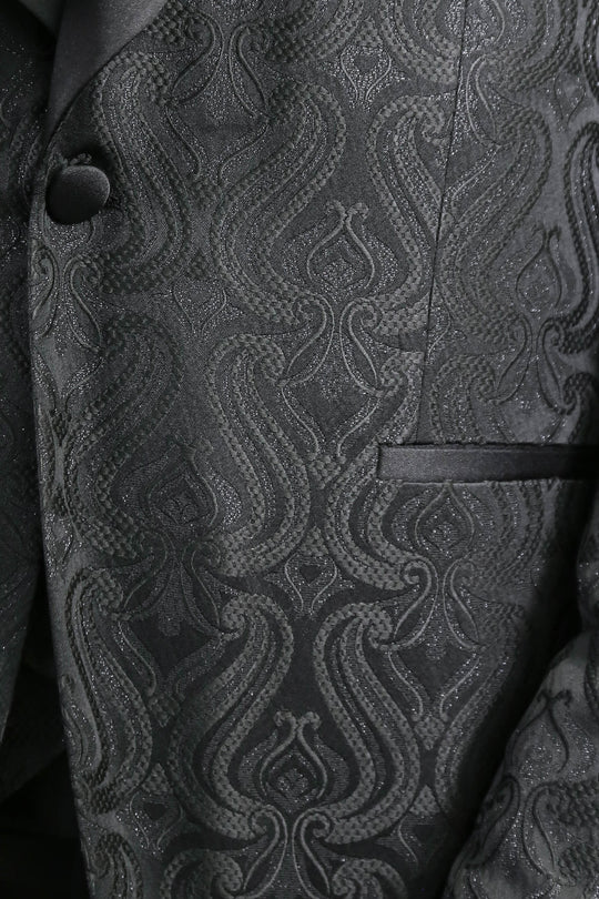 Wavy Patterned Shawl Collar Vested Black Tuxedo - Wessi