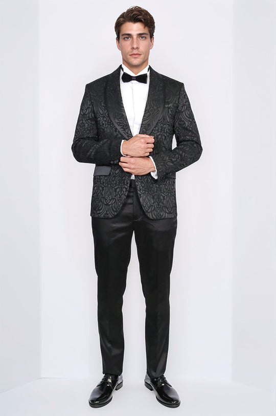 Damask Patterned Shawl Collar Black Tuxedo - Wessi