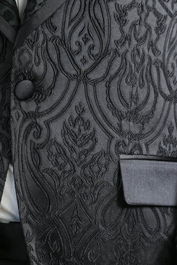 Damask Patterned Shawl Collar Black Tuxedo - Wessi