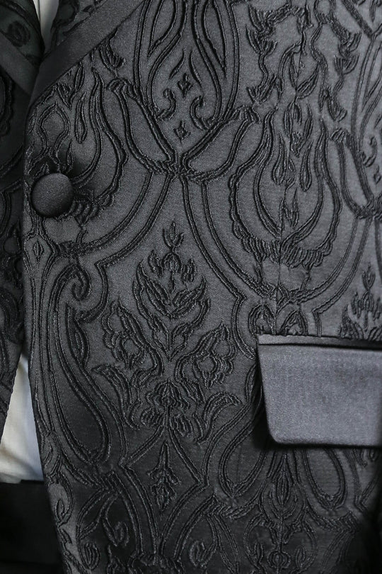 Damask Patterned Shawl Collar Black Tuxedo - Wessi