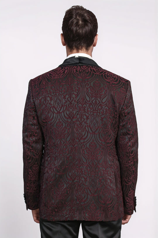 Baroque Patterned Velvet Shawl Collar Vested Burgundy Tuxedo - Wessi