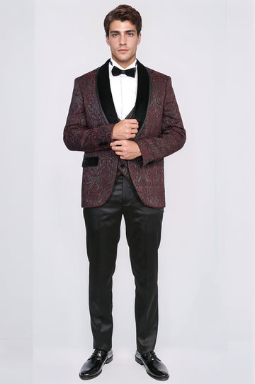 Baroque Patterned Velvet Shawl Collar Vested Burgundy Tuxedo - Wessi