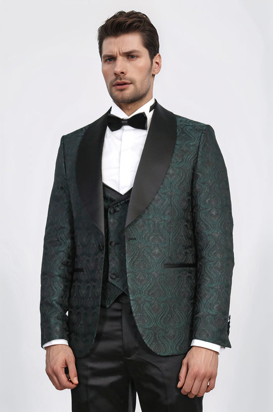 Wavy Patterned Shawl Collar Vested Green Tuxedo - Wessi