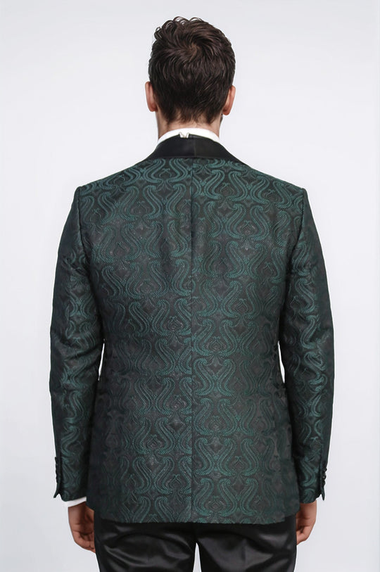 Wavy Patterned Shawl Collar Vested Green Tuxedo - Wessi