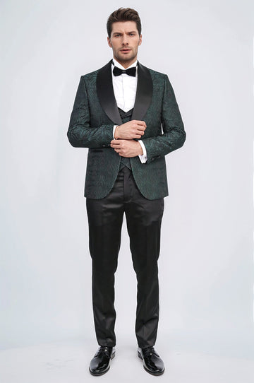 Wavy Patterned Shawl Collar Vested Green Tuxedo - Wessi