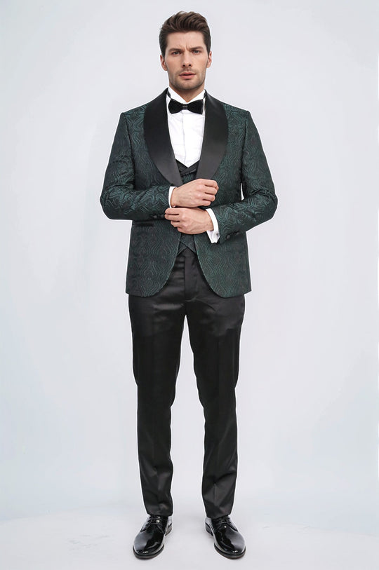 Wavy Patterned Shawl Collar Vested Green Tuxedo - Wessi