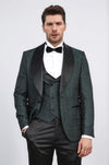 Wavy Patterned Shawl Collar Vested Green Tuxedo - Wessi