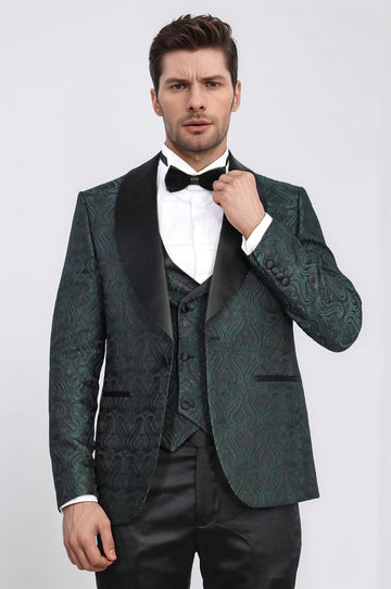 Wavy Patterned Shawl Collar Vested Green Tuxedo - Wessi