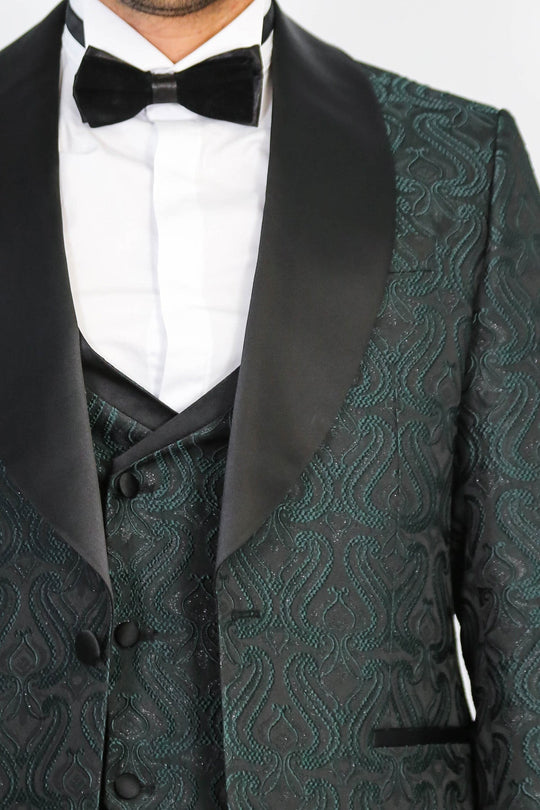 Wavy Patterned Shawl Collar Vested Green Tuxedo - Wessi