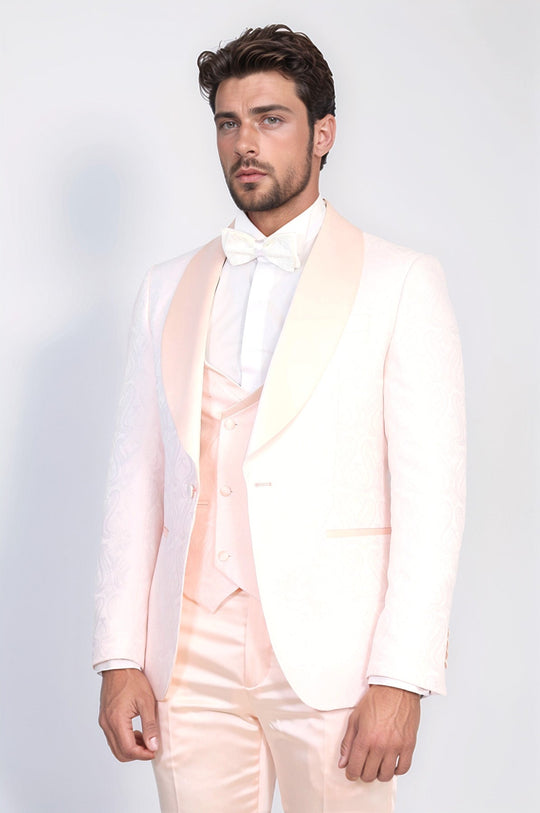 Wavy Patterned Shawl Collar Vested Powder Pink Tuxedo - Wessi