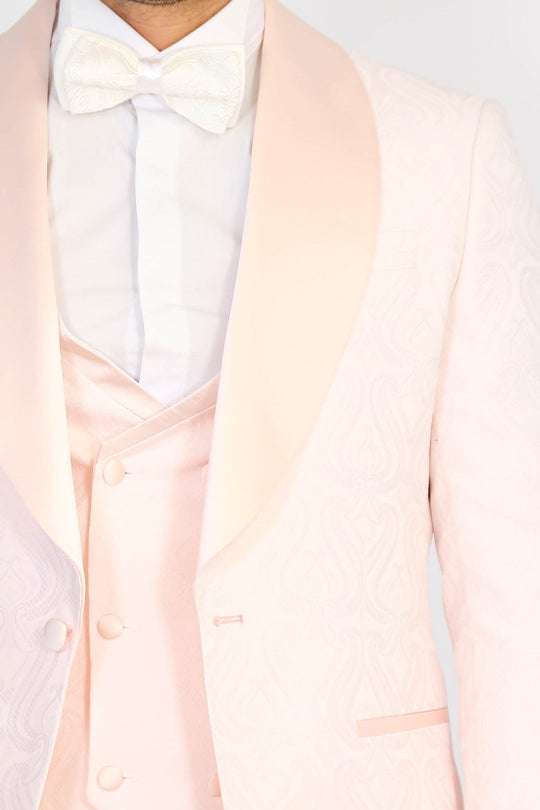 Wavy Patterned Shawl Collar Vested Powder Pink Tuxedo - Wessi