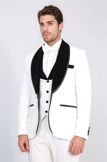 Classic Velvet Lapel White Tuxedo Suit - Wessi
