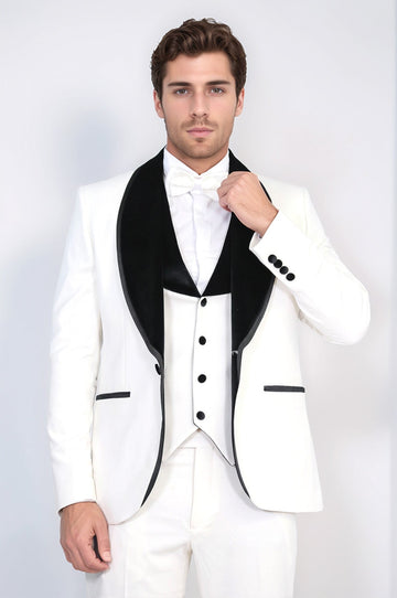 Classic Velvet Lapel White Tuxedo Suit - Wessi