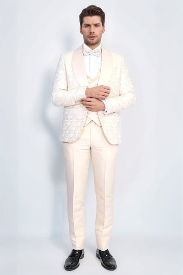 Wavy Patterned Shawl Collar Vested Cream Tuxedo - Wessi