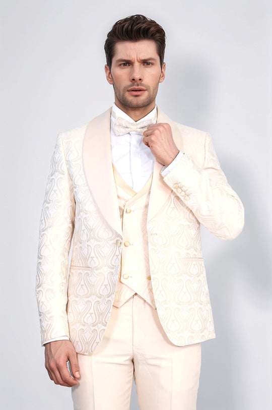 Wavy Patterned Shawl Collar Vested Cream Tuxedo - Wessi