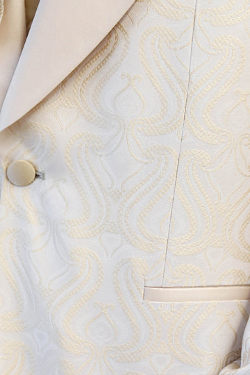 Wavy Patterned Shawl Collar Vested Cream Tuxedo - Wessi