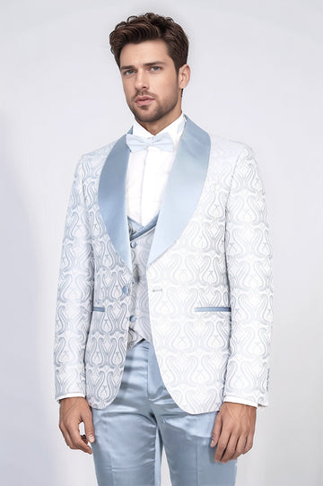 Wavy Patterned Shawl Collar Vested Ice Blue Tuxedo - Wessi