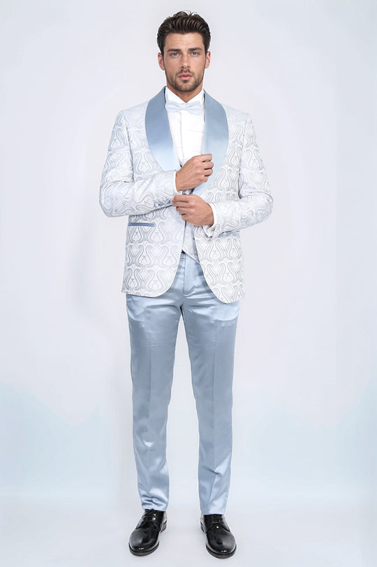 Wavy Patterned Shawl Collar Vested Ice Blue Tuxedo - Wessi