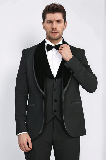 Classic Velvet Collar Black Tuxedo Suit - Wessi