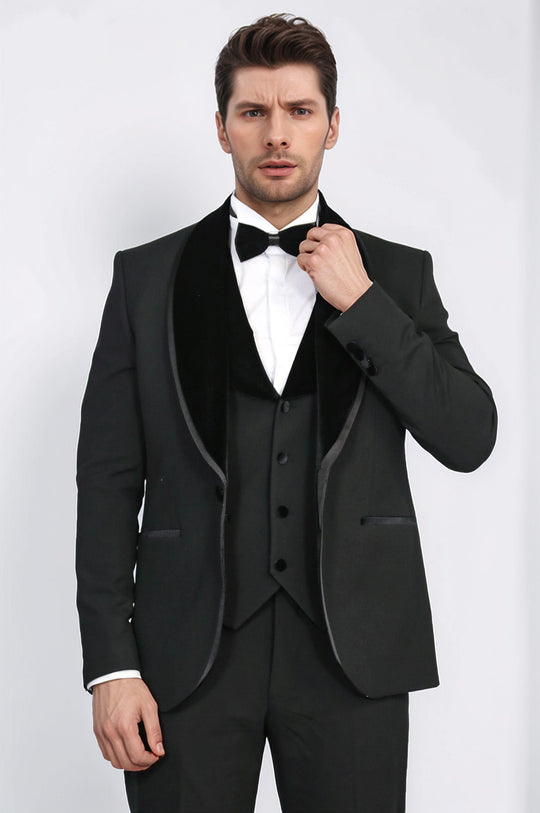 Classic Velvet Collar Black Tuxedo Suit - Wessi