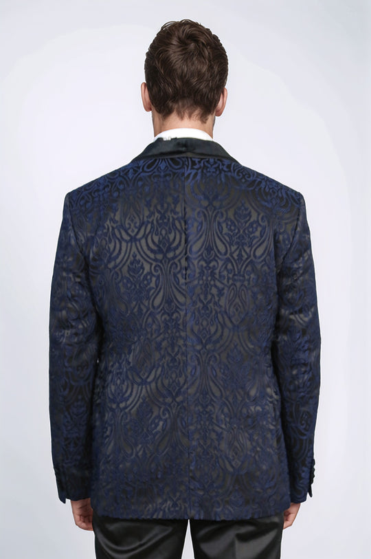 Baroque Patterned Velvet Shawl Collar Vested Navy Blue Tuxedo - Wessi