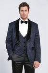 Baroque Patterned Velvet Shawl Collar Vested Navy Blue Tuxedo - Wessi